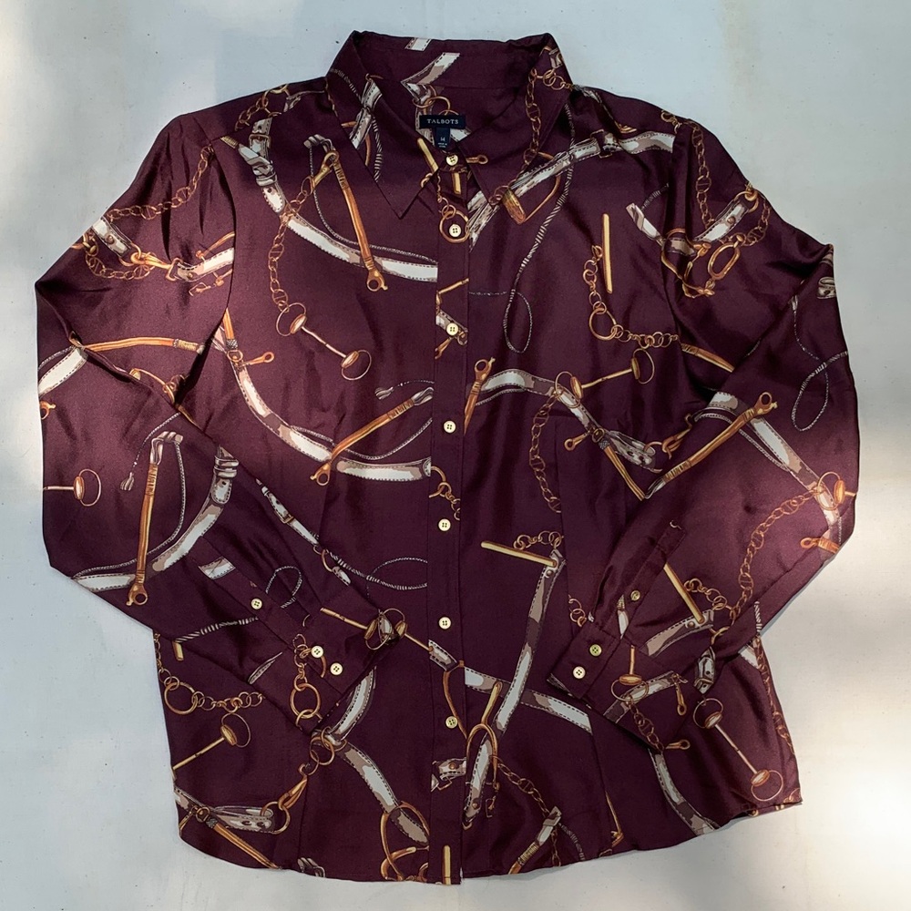 Talbots Equestrian horse bit print silk button-up blouse